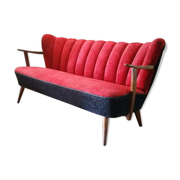 Canapé scandinave rouge bi color années 50 60 peluche rouge noir