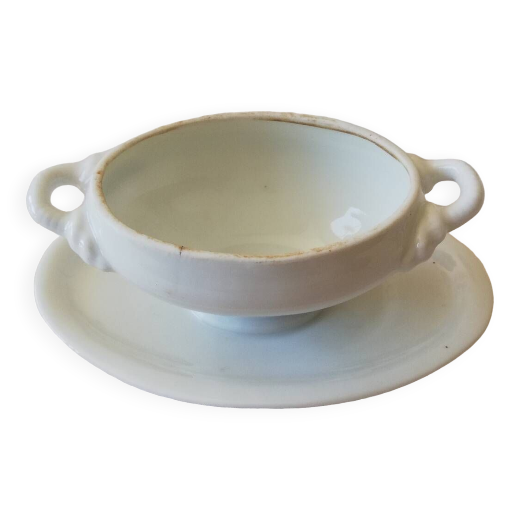Vintage white earthenware mustard pot or sauce boat.