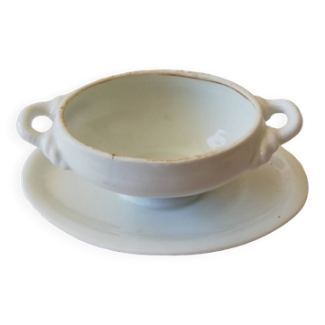 Vintage white earthenware mustard pot or sauce boat.