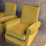 Mustard velvet fringed armchair