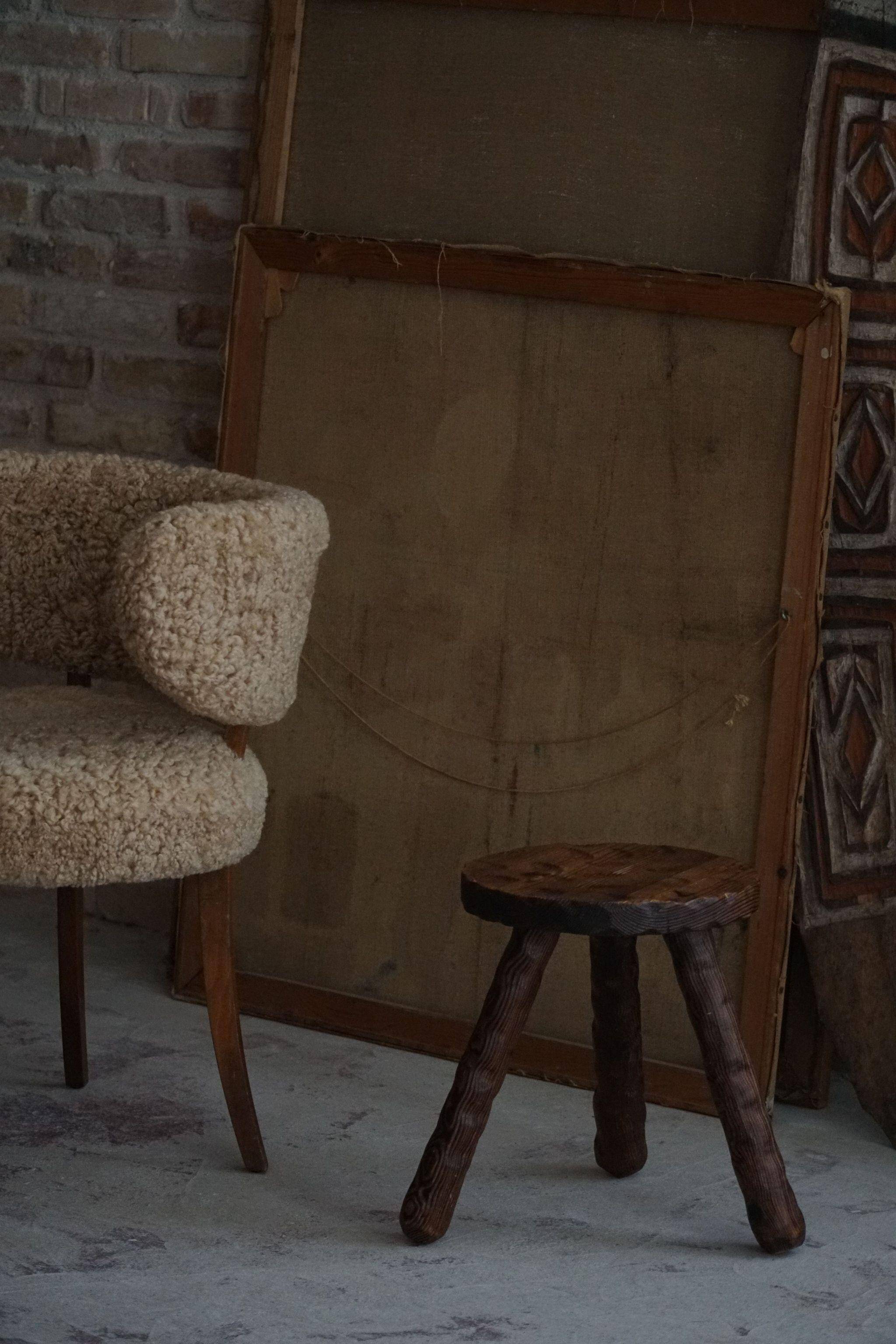 A pair of Wabi Sabi stools carved from pine, mid-century modern Swedish style, 1960s.