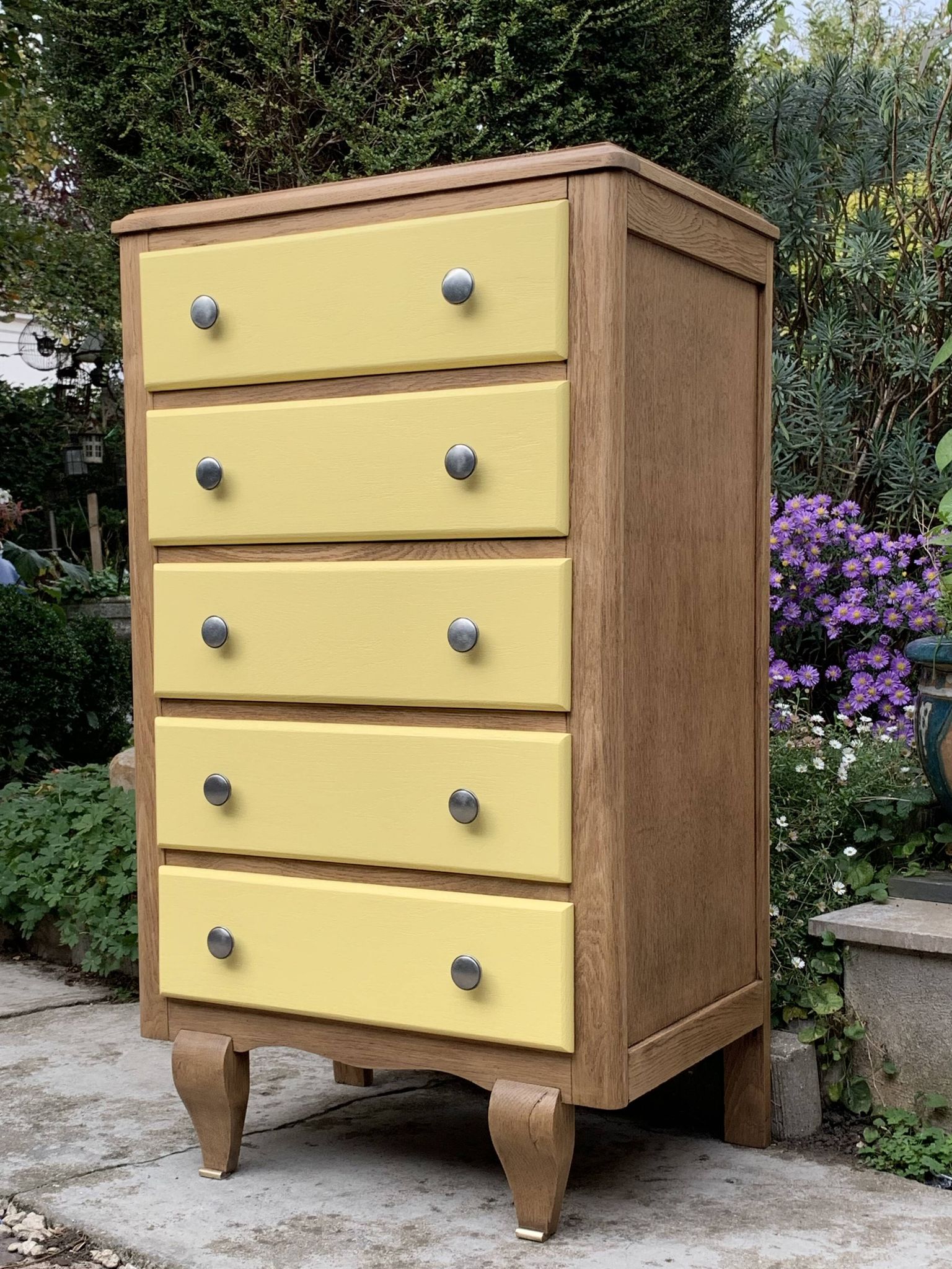 Art Deco chest of drawers in raw oak and yellow