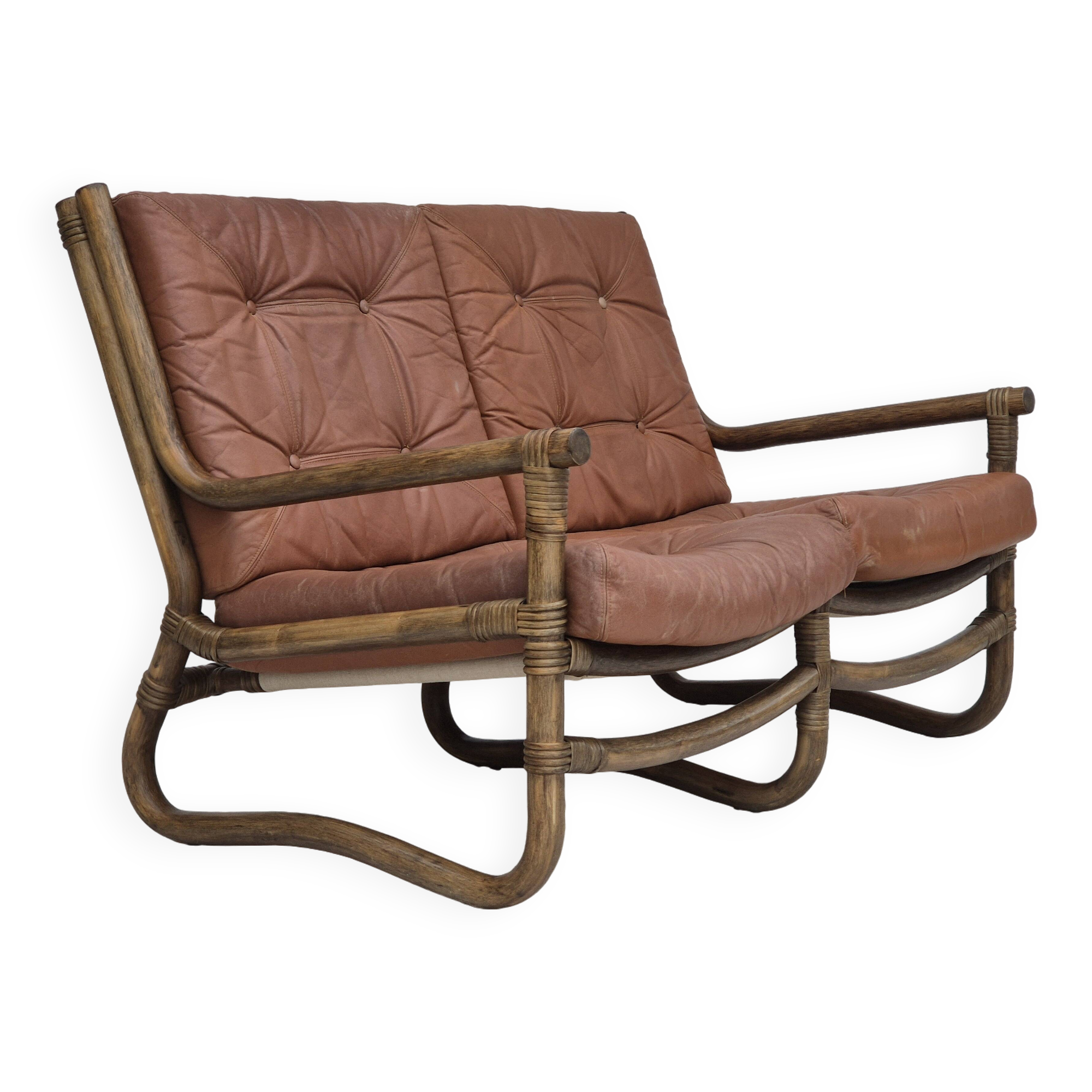 1970s, Scandinavian 2 seater sofa, original very good condition, bamboo, leather.