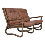 1970s, Scandinavian 2 seater sofa, original very good condition, bamboo, leather.