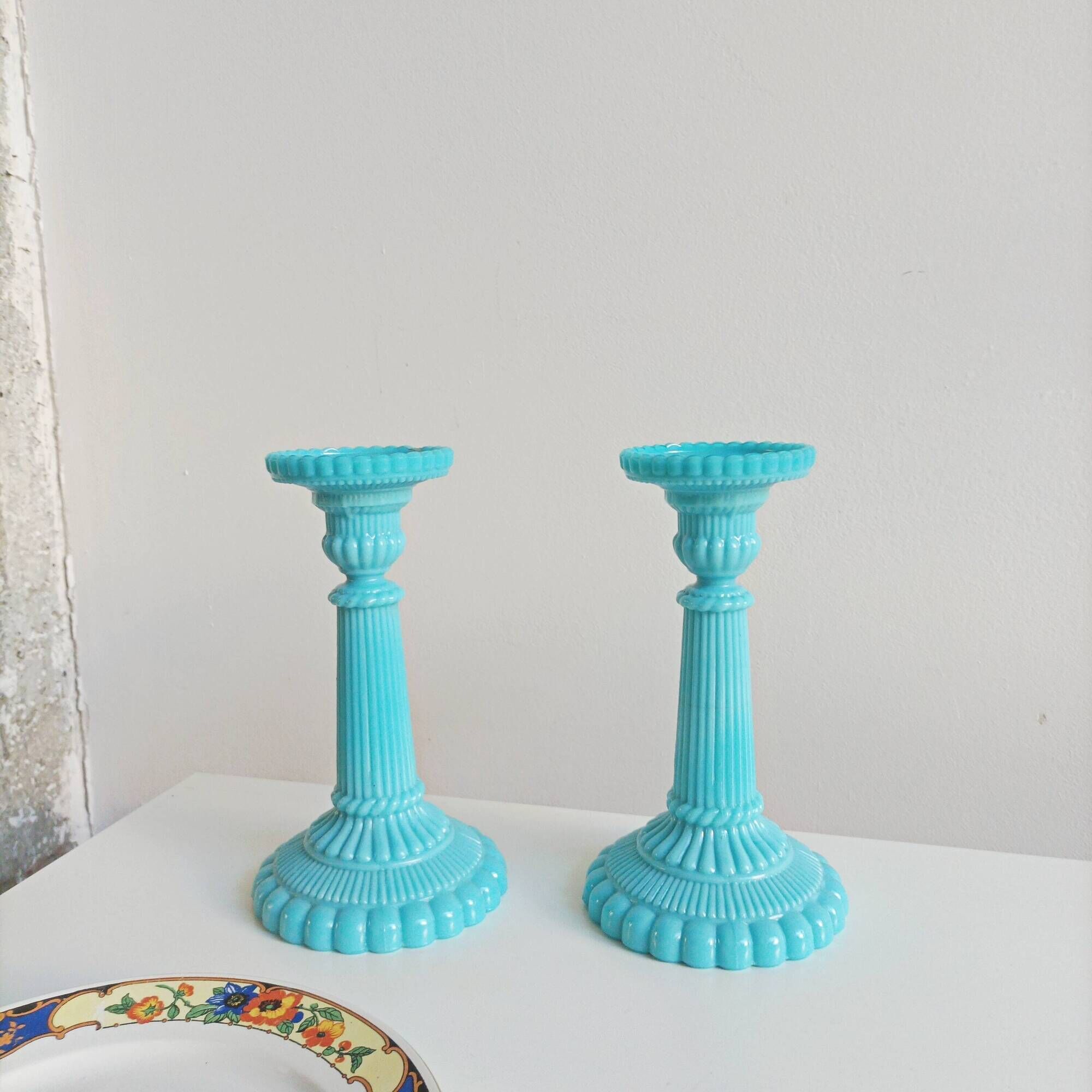 Antique blue opaline candlesticks Portieux Vallerysthal