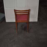 Set of 5 brown wooden chairs from the 70s, with red fabric seats - 2 with armrests.