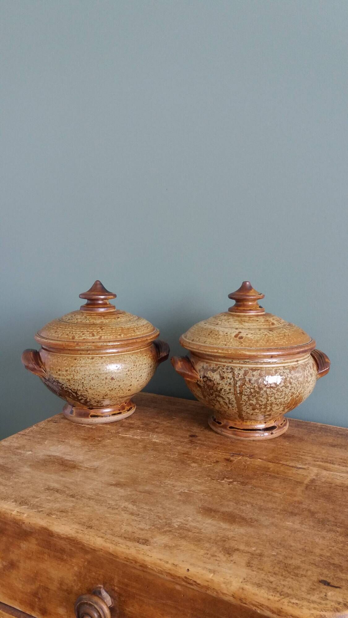 Soup bowls covered signed by Jean-Pierre Prud’homme in Puisaye stoneware.