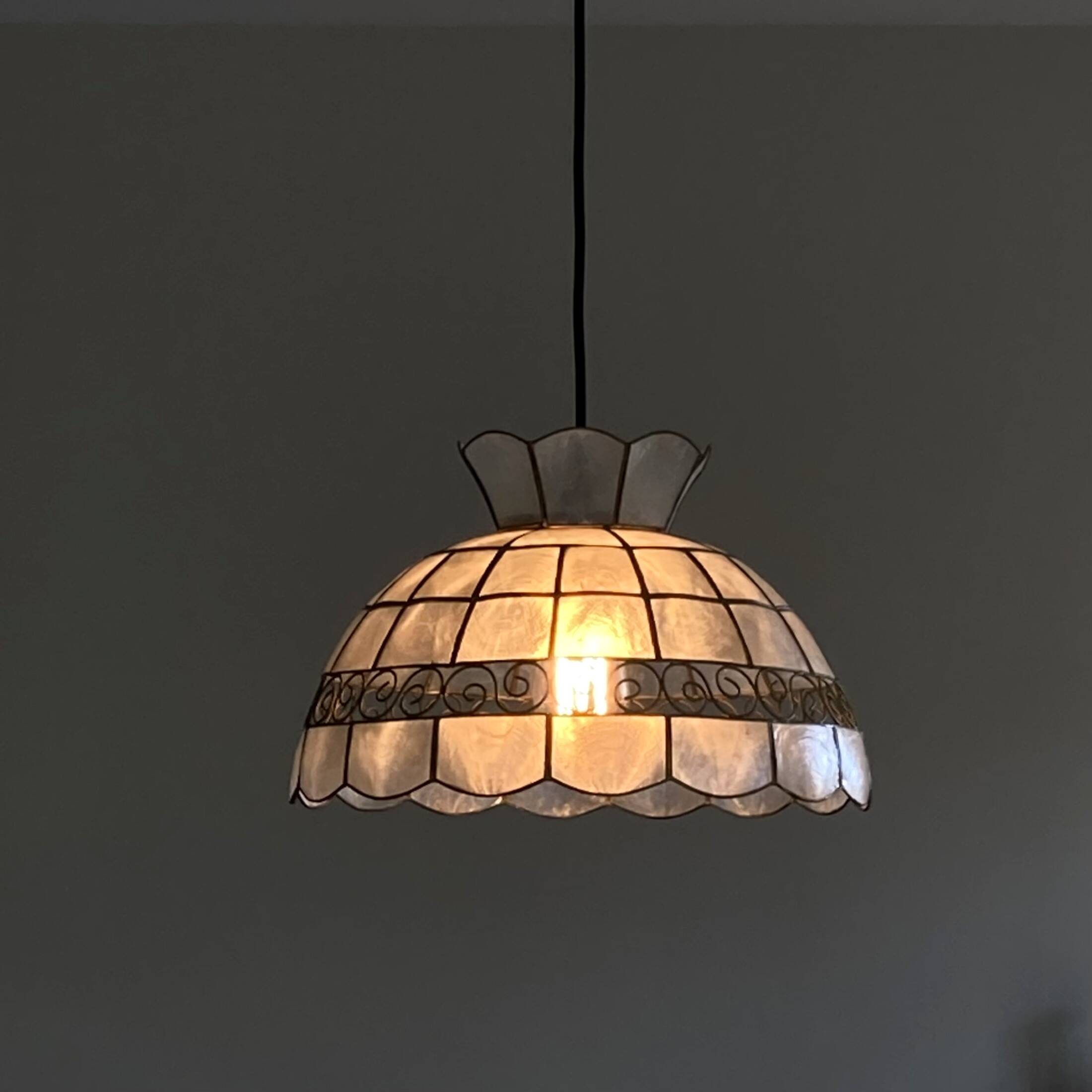 Chandelier suspension lampshade in mother-of-pearl and brass lighting vintage antique ceiling lamp