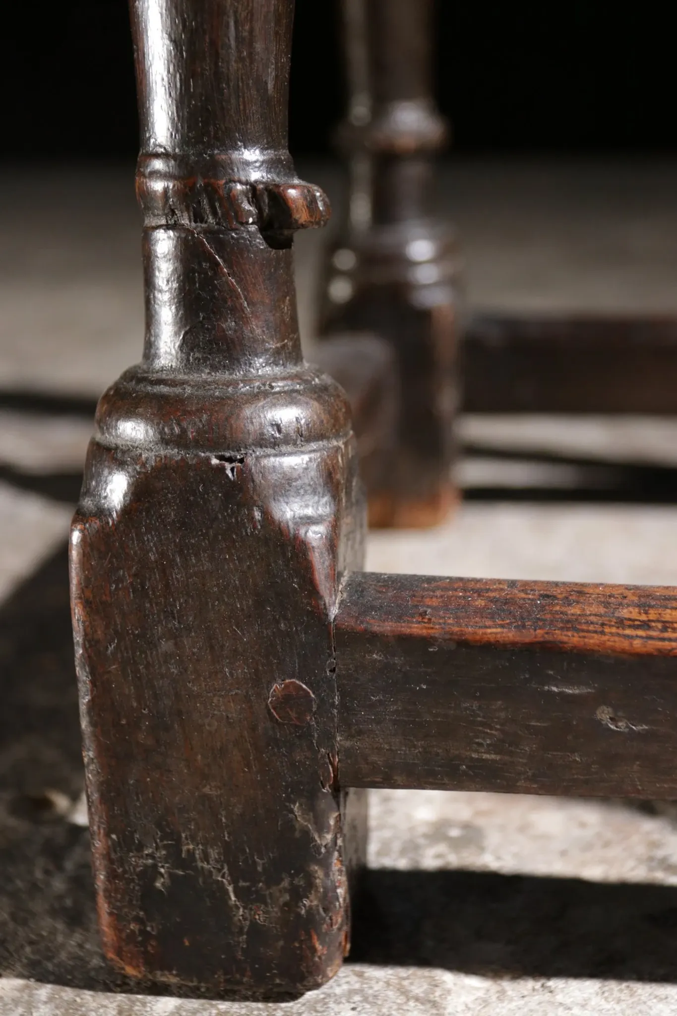 17th-century English oak joint stool with turned legs