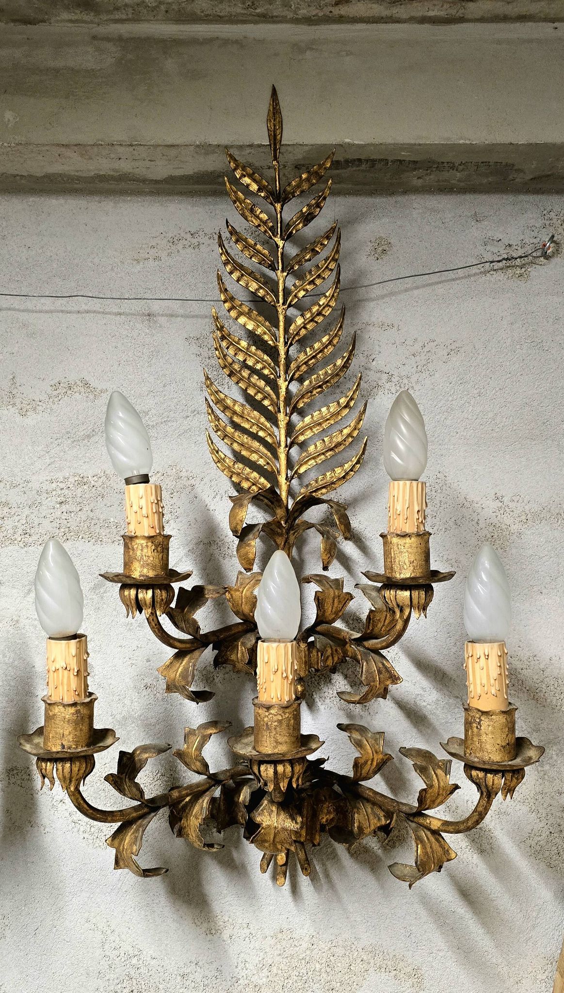 Pair of large golden wall lights, 1950s