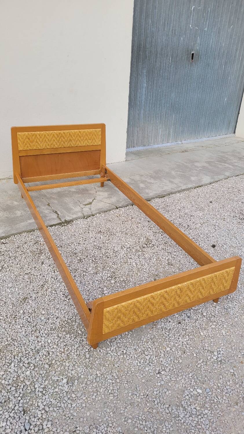 Vintage rattan and solid oak bed 1950s design