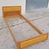 Vintage rattan and solid oak bed 1950s design