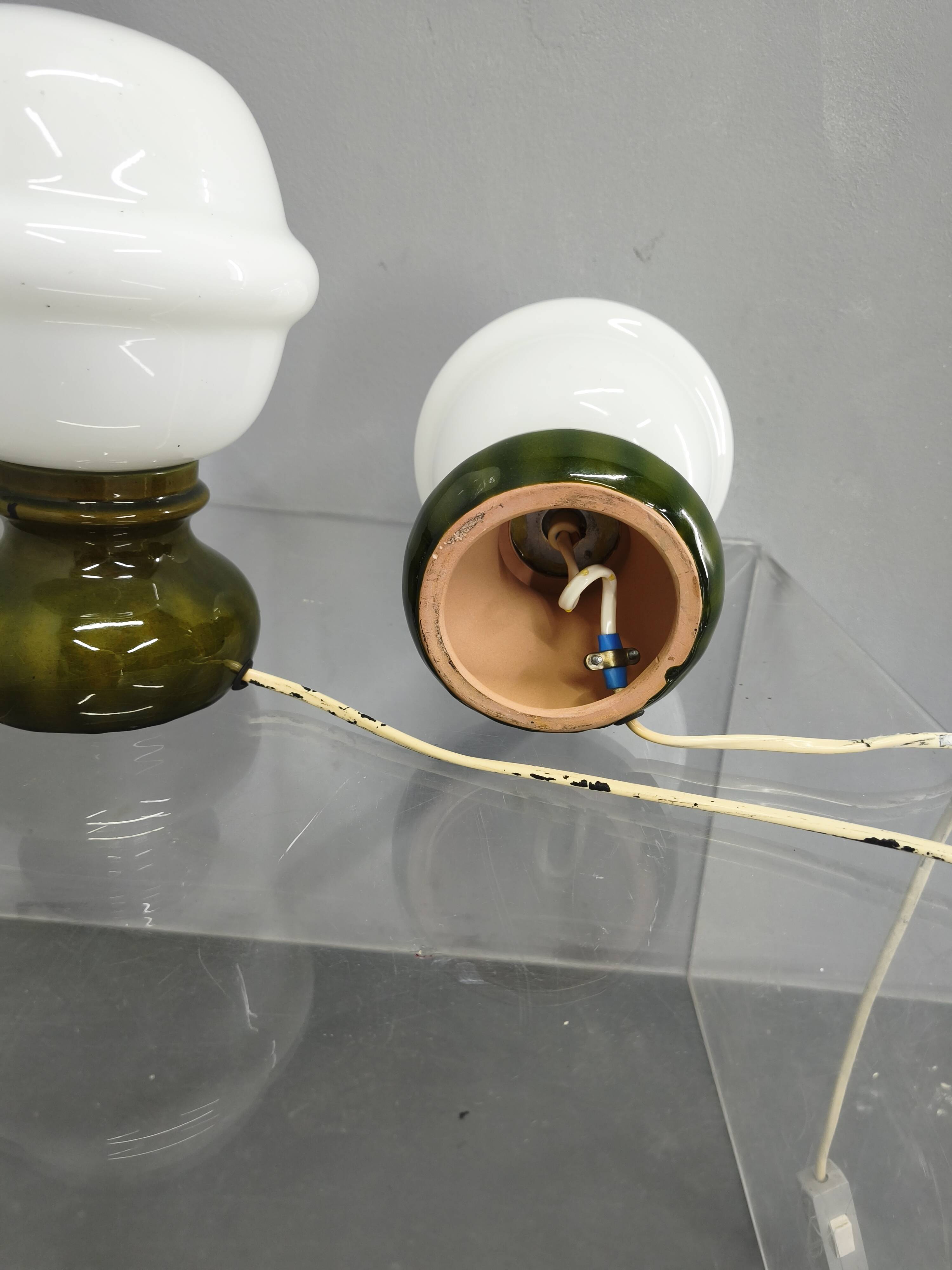Pair Czech 1970s Milk Glass and Green Ceramic Table Lamps