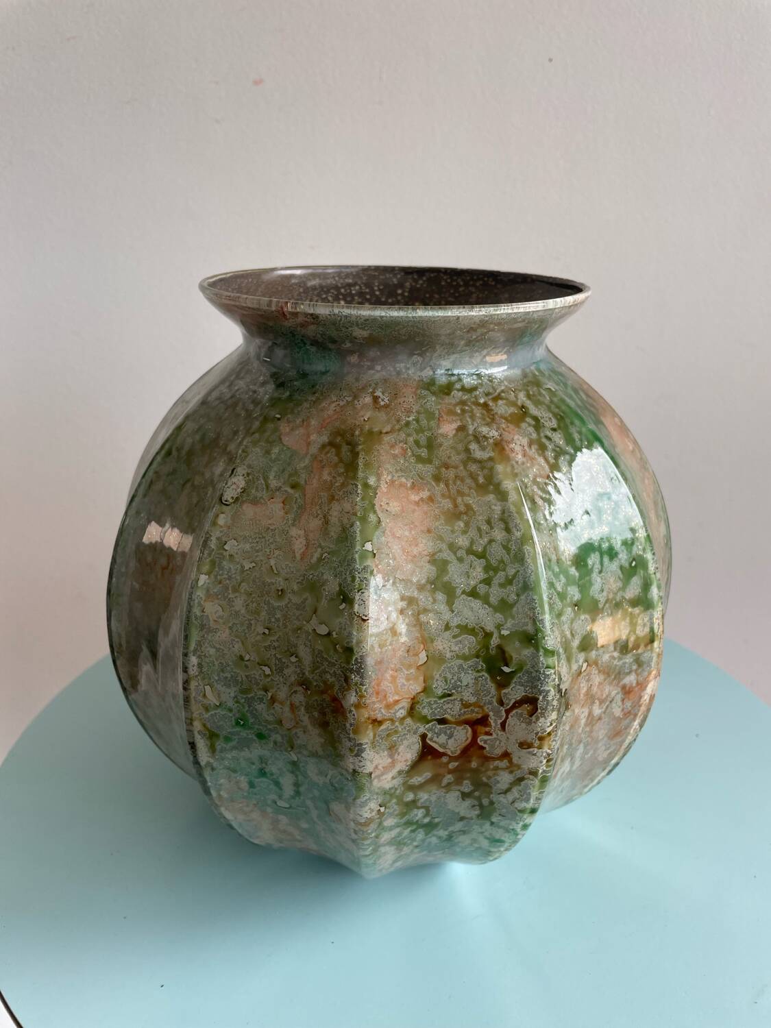 Iridescent glass ball vase with cut sides – Art glass style, unique piece