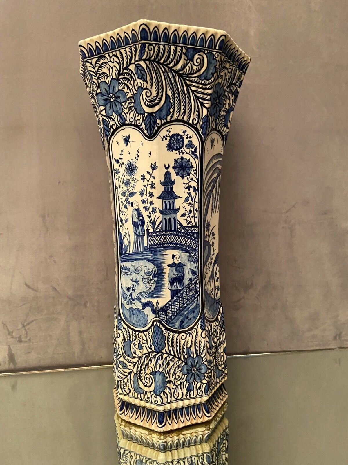 Umbrella holder vase earthenware Desvres nineteenth decoration Far East Pagoda 62.5 cm