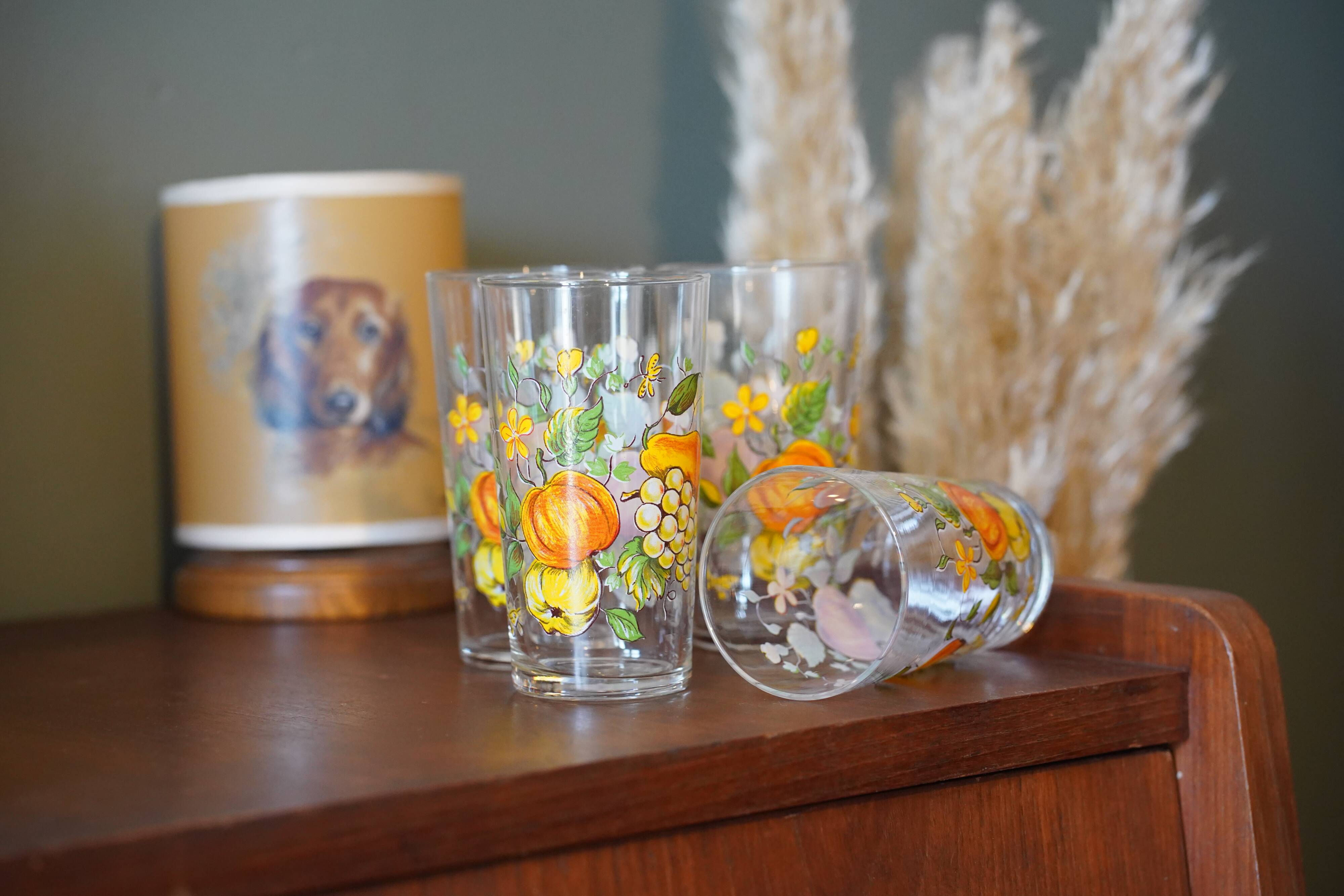 4 glasses, vintage syrup