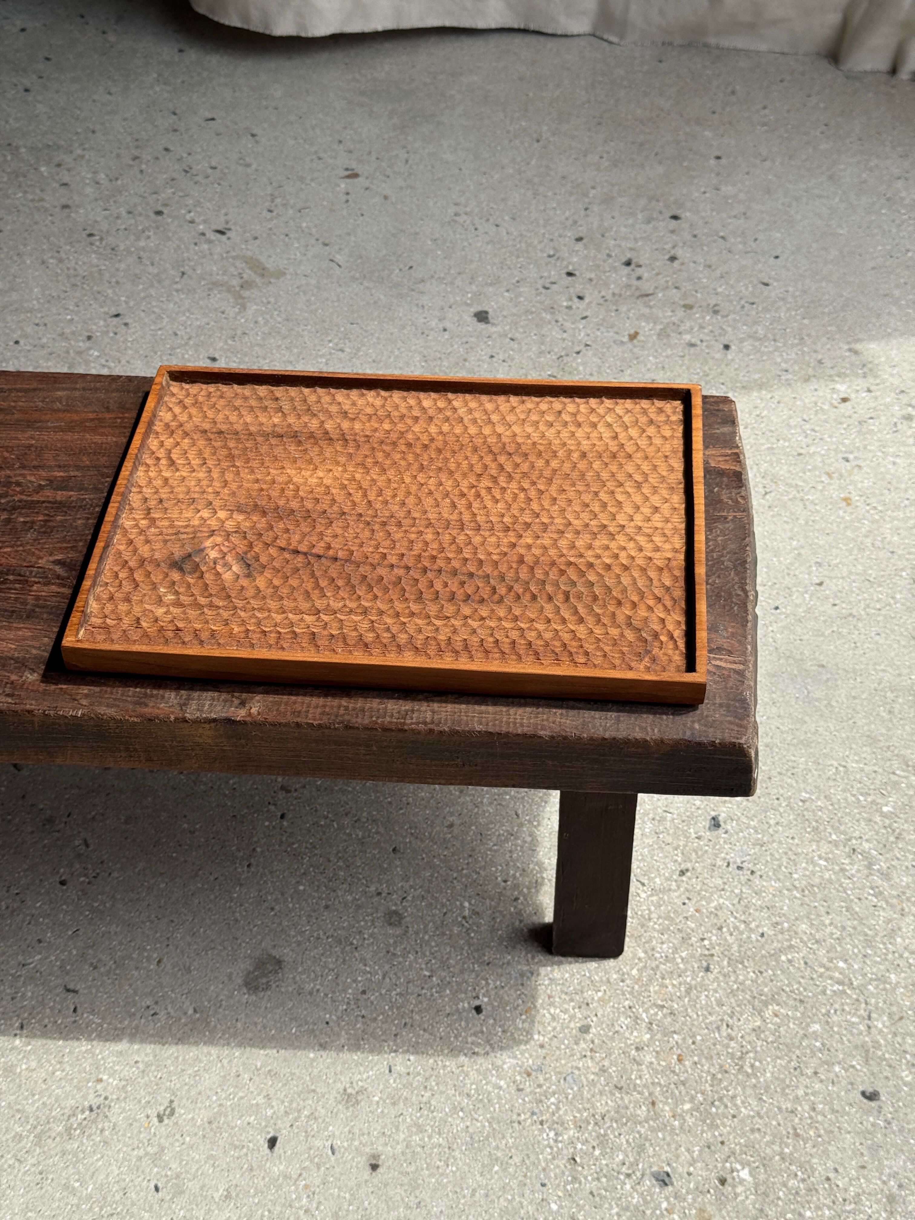 Rectangular solid teak platter with carved edges 33x24