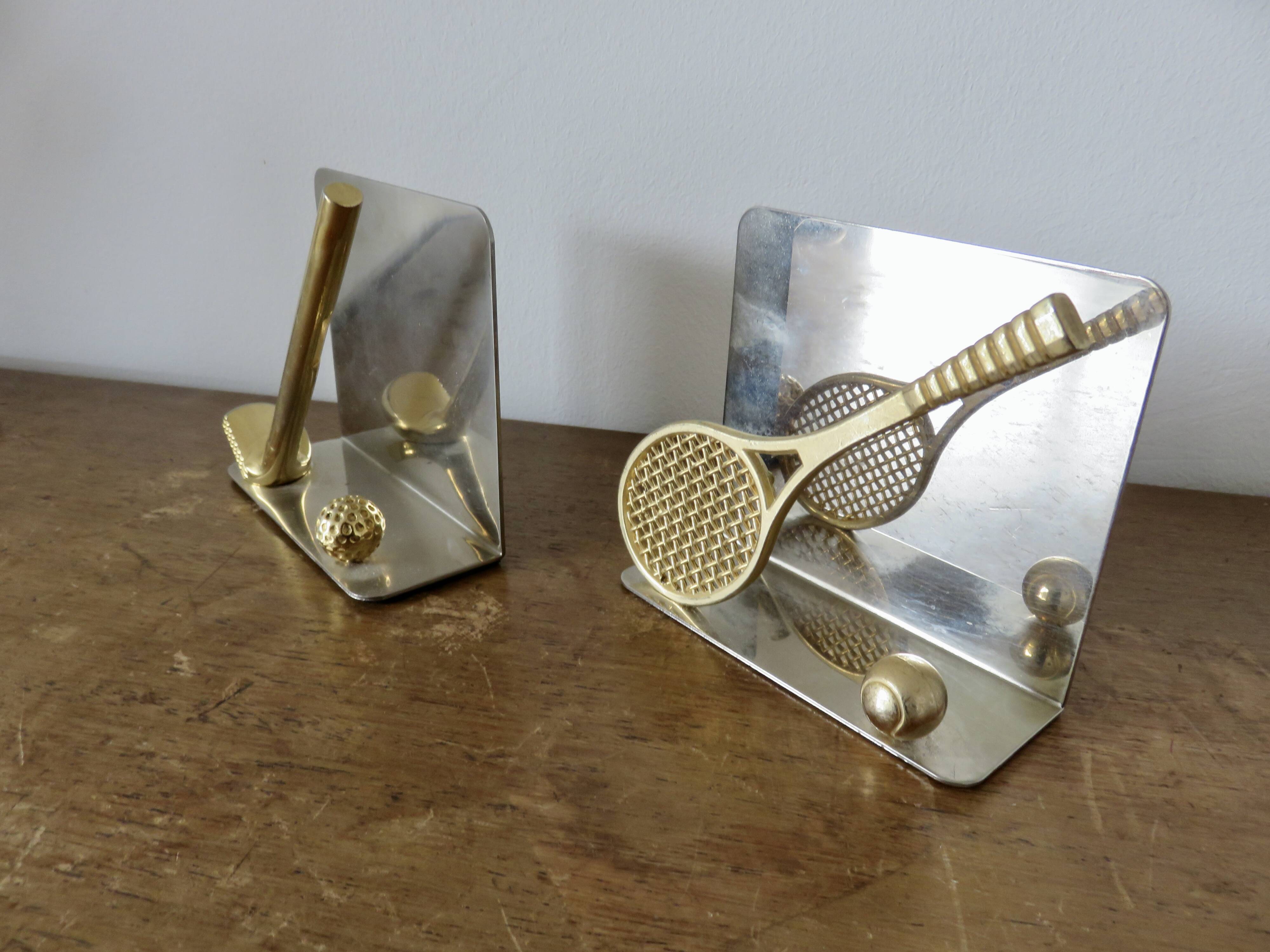 Serre livres en métal chromé et laiton "tennis & golf" années 70