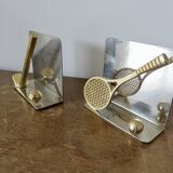 Serre livres en métal chromé et laiton "tennis & golf" années 70