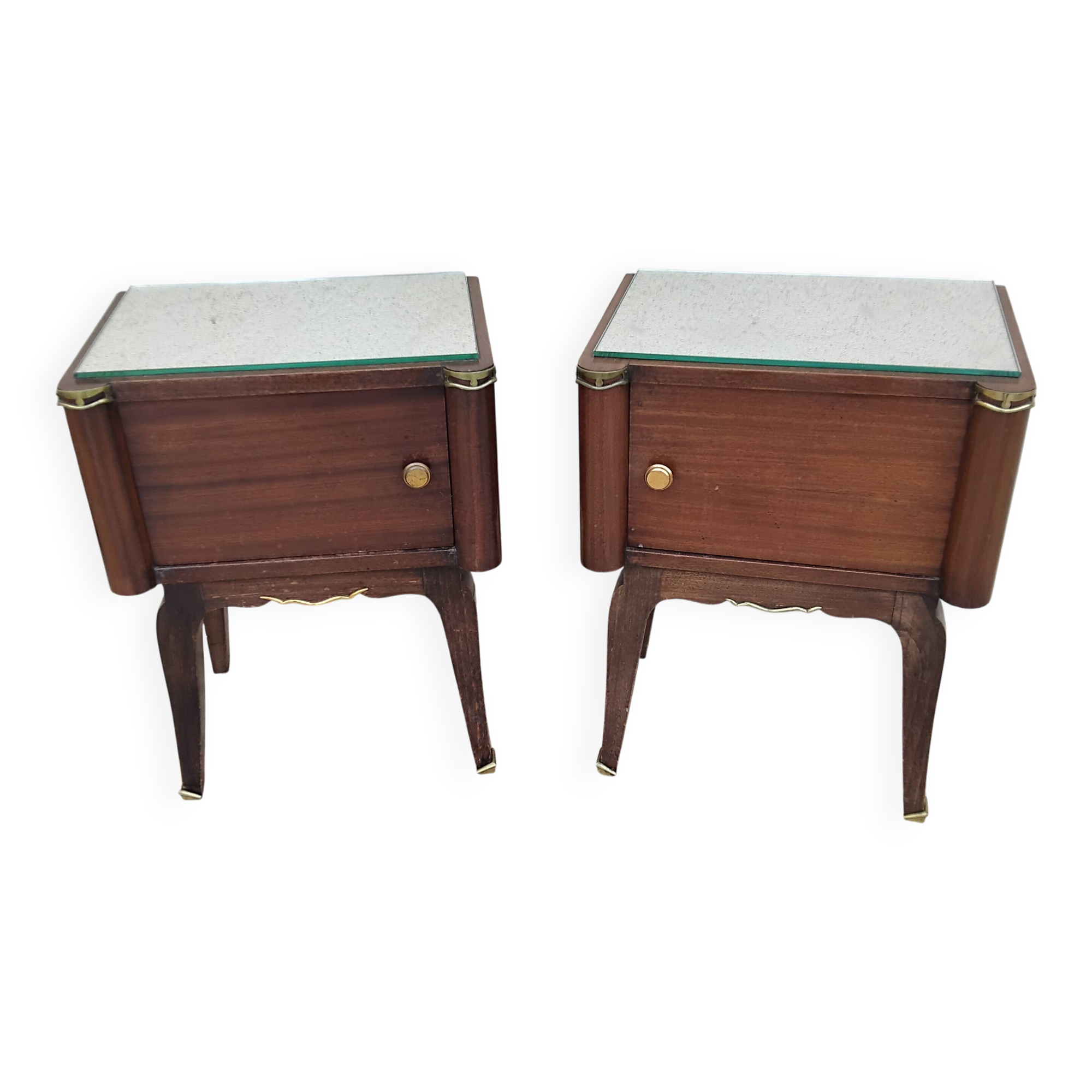 Vintage bedside table with a mirrored top, Art Deco style.