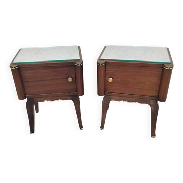 Vintage bedside table with a mirrored top, Art Deco style.