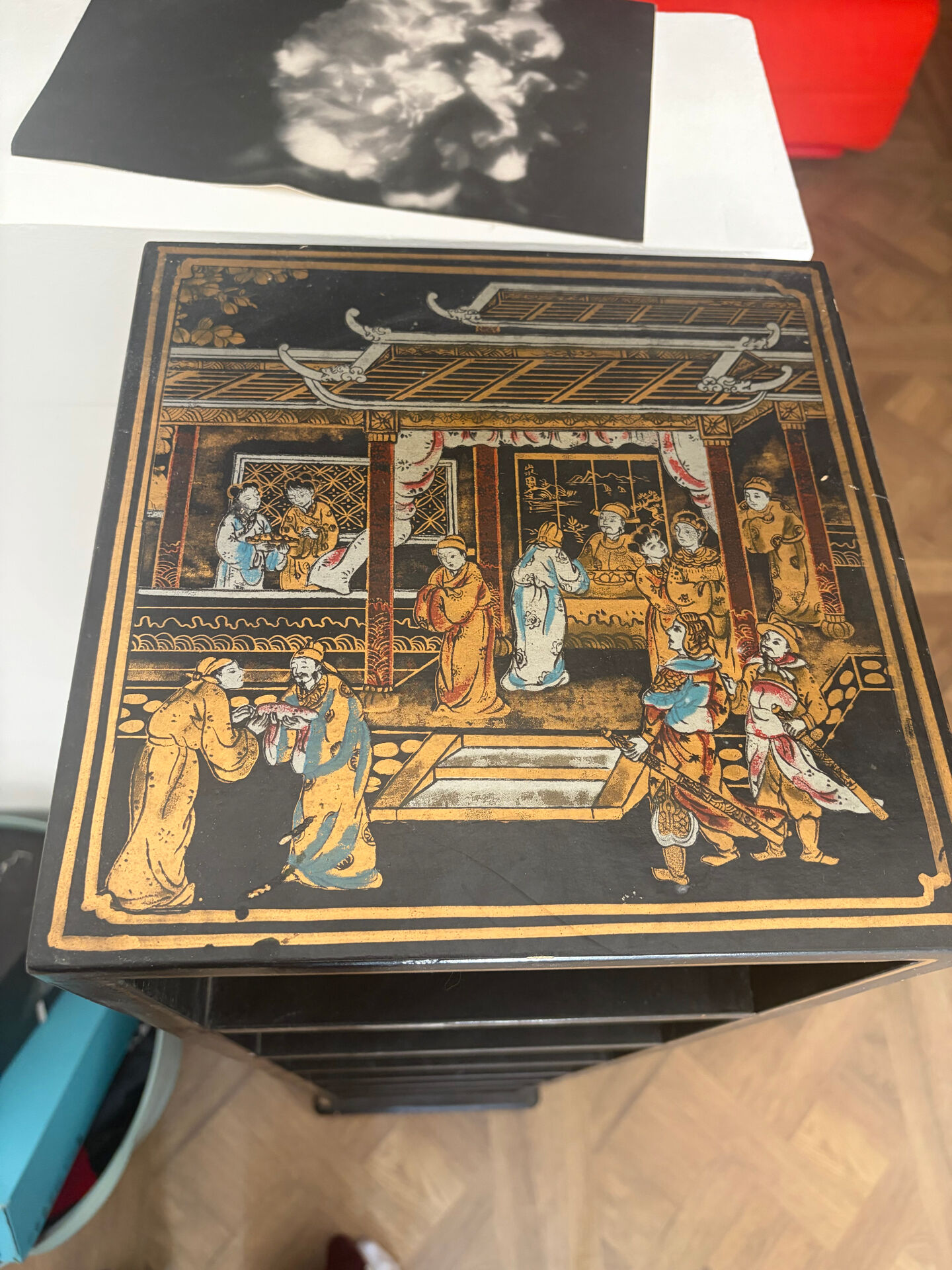 Column range - CD DVD vintage black paperback books Asian decor pei