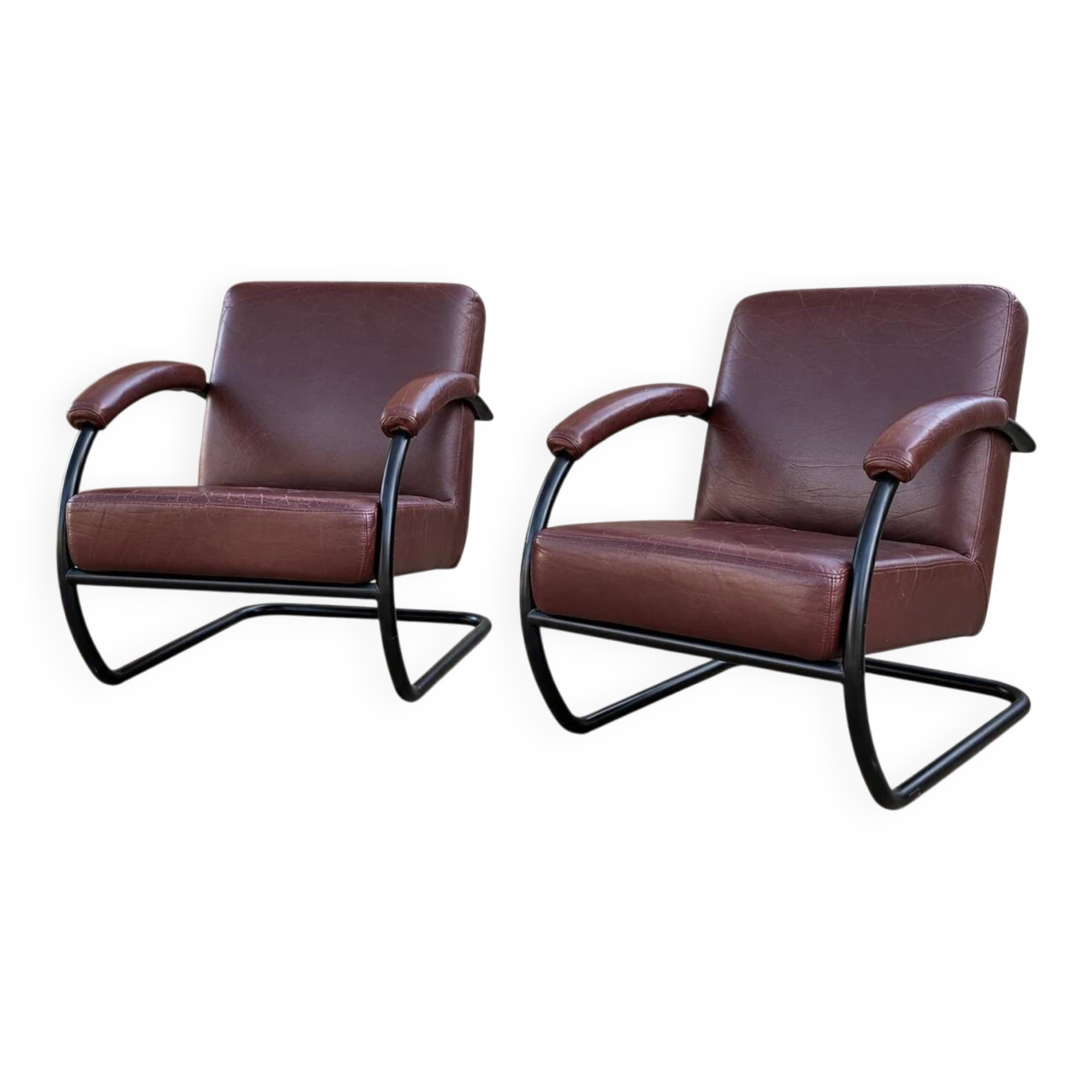 2 x dark brown / bordeaux red / weighty leather club chairs / 1980s