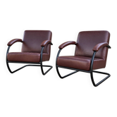 2 x fauteuils club en cuir marron foncé / rouge bordeaux / lourds / années 1980