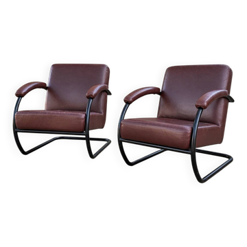 2 x dark brown / bordeaux red / weighty leather club chairs / 1980s
