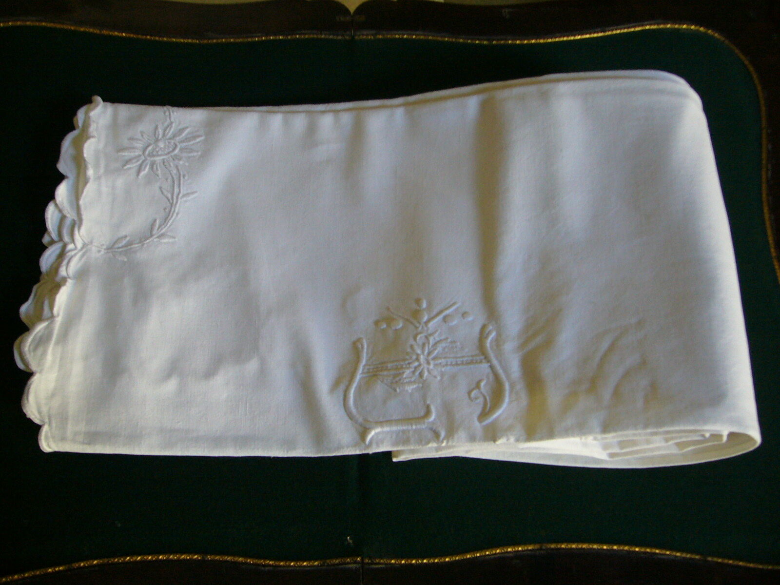 Ancient cotton sheet embroidered with flowers and initials