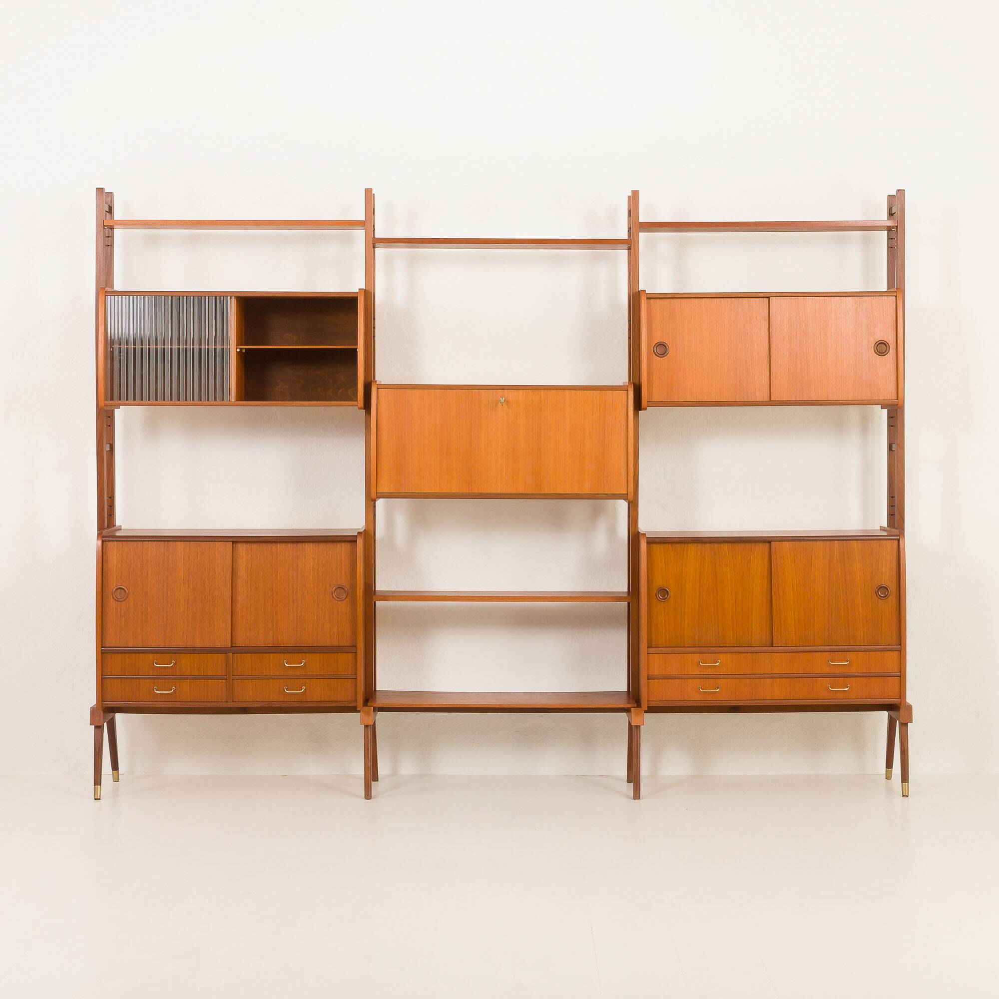 Scandinavian free-standing teak wall unit with 5 cabinets, Norway 1960s