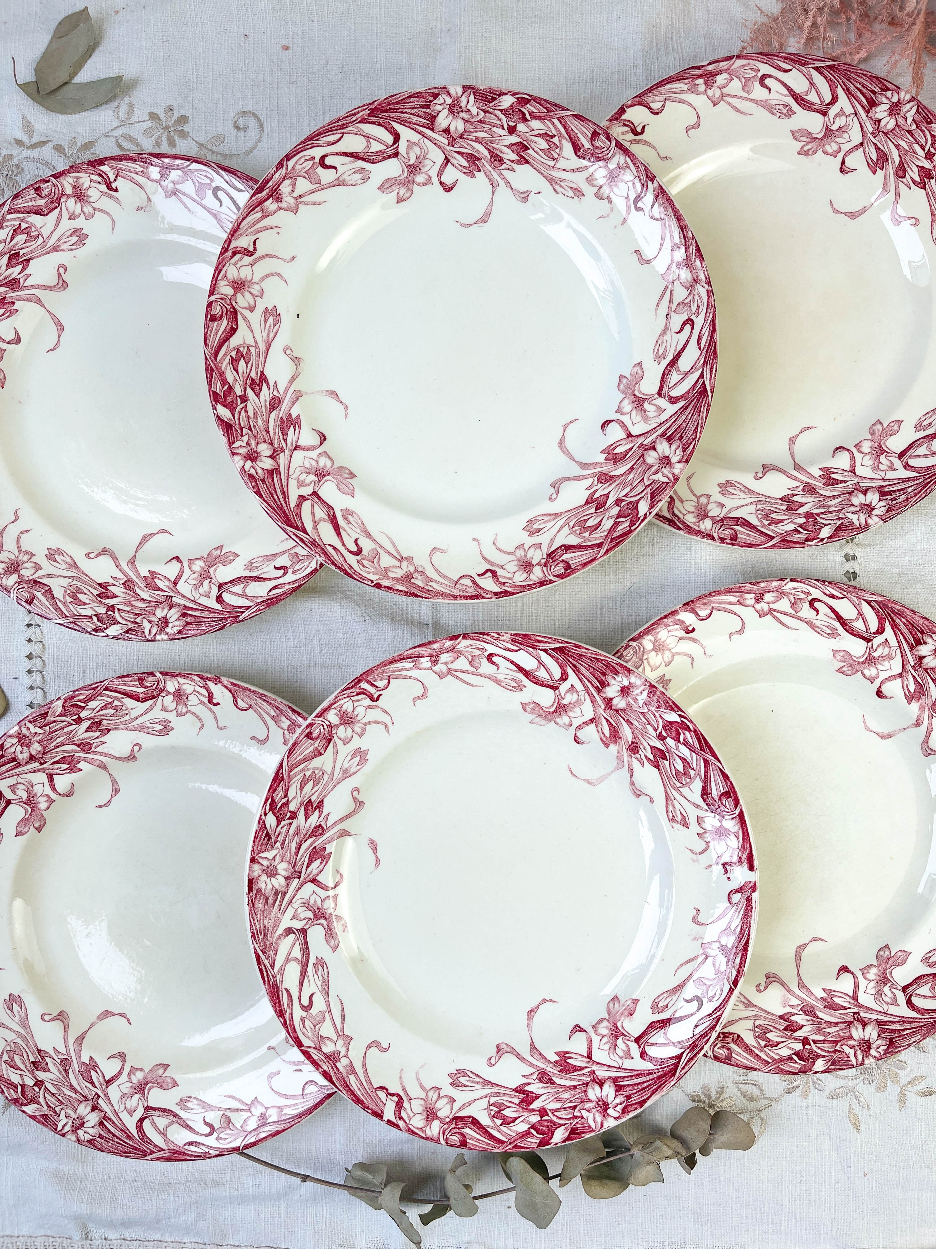 6 flat plates red iron earth longwy "reeds"