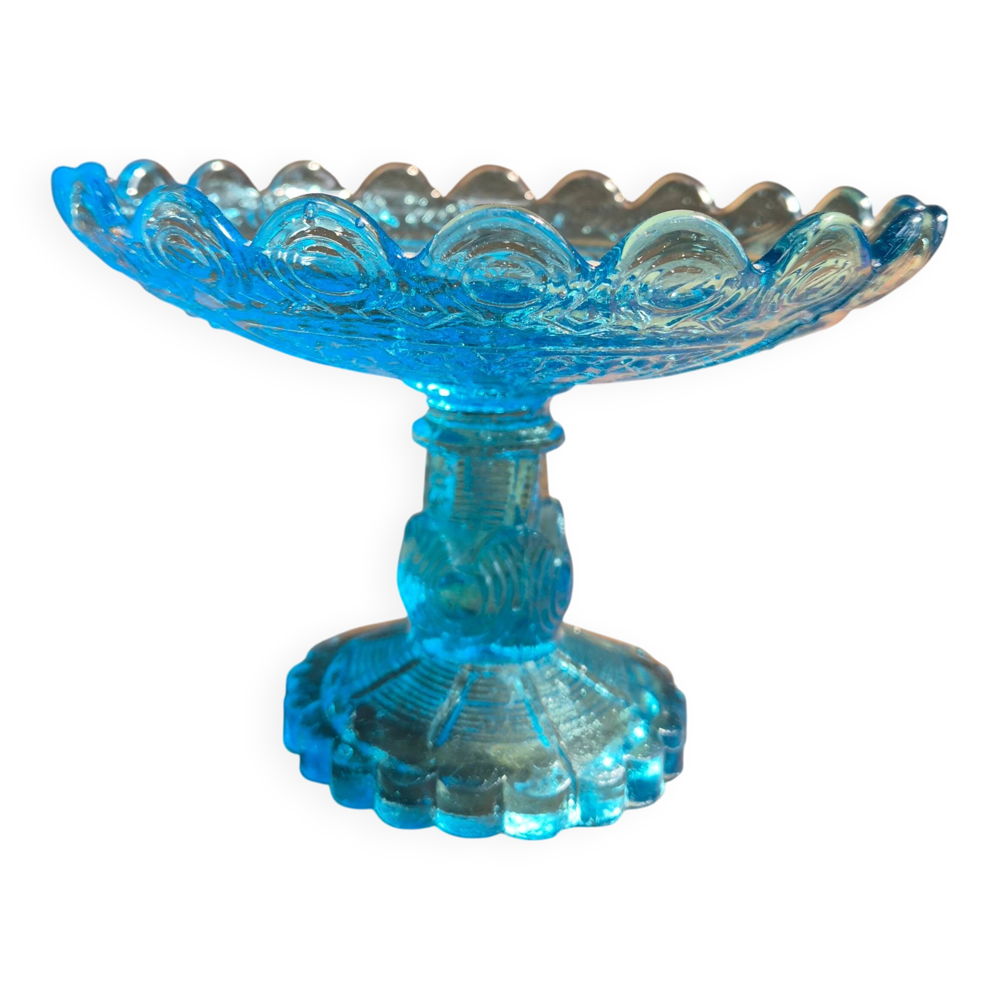 Blue glass footed fruit bowl.