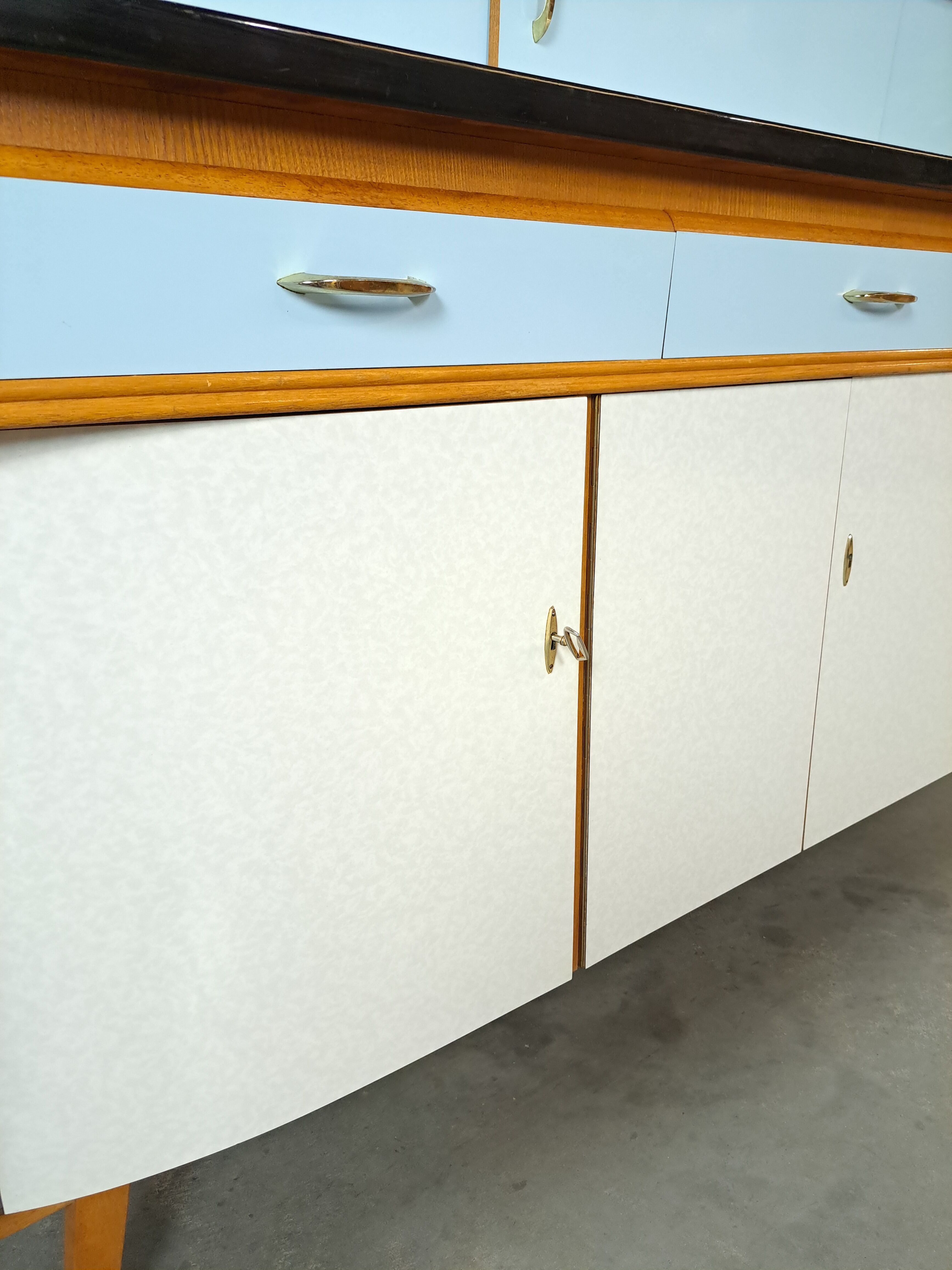 50s vintage kitchen cabinet with brass and formica