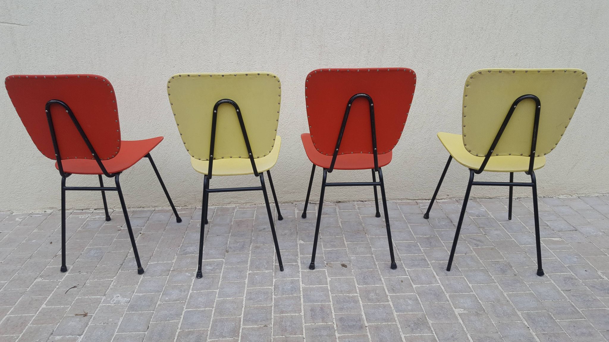 4 vintage metal tubular feet chairs, vinyl seating, skai