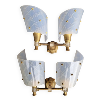 Pair of plastic and brass wall lights from the 60s/70s