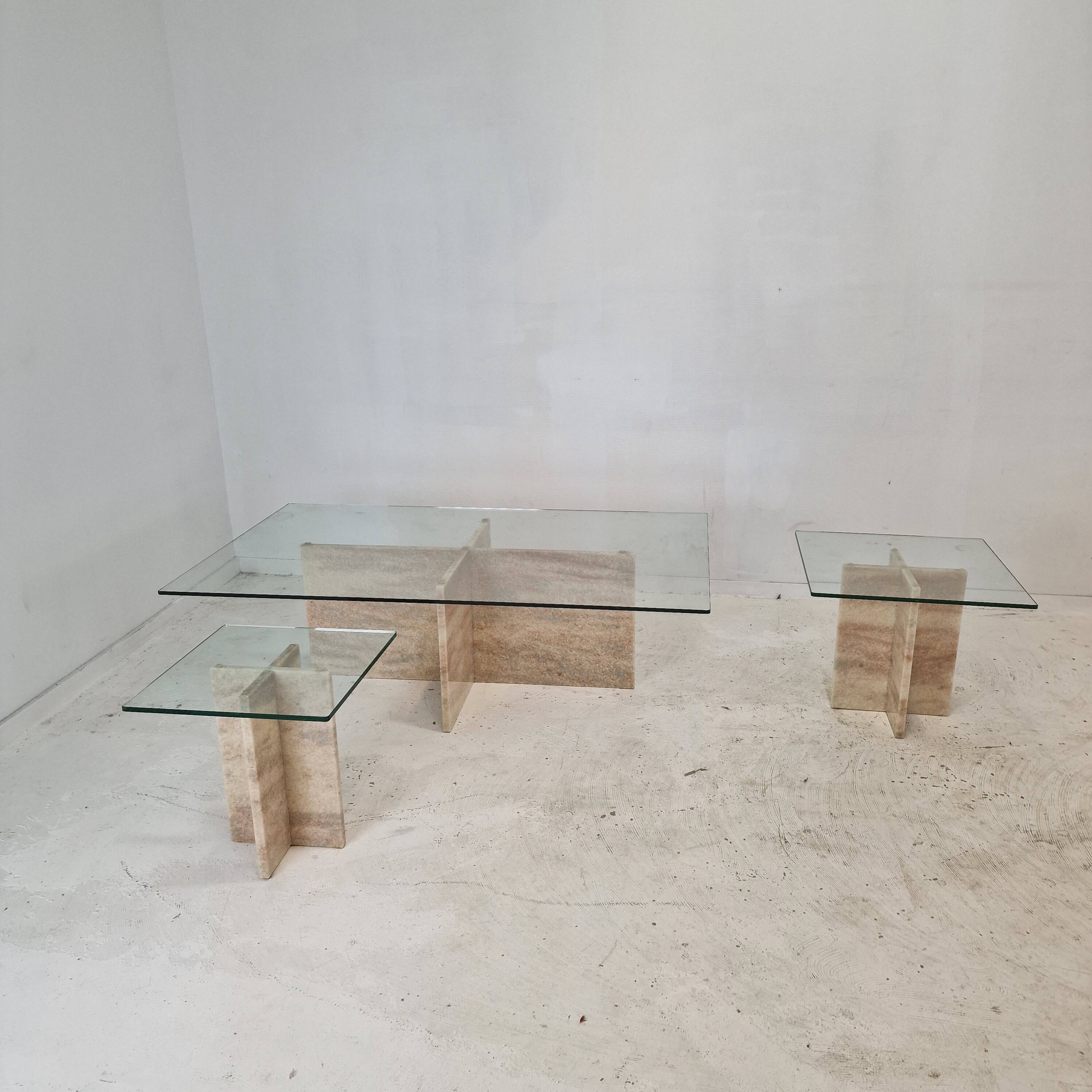 Set of 3 Italian Marble Coffee or Side Tables with Glass, 1980s