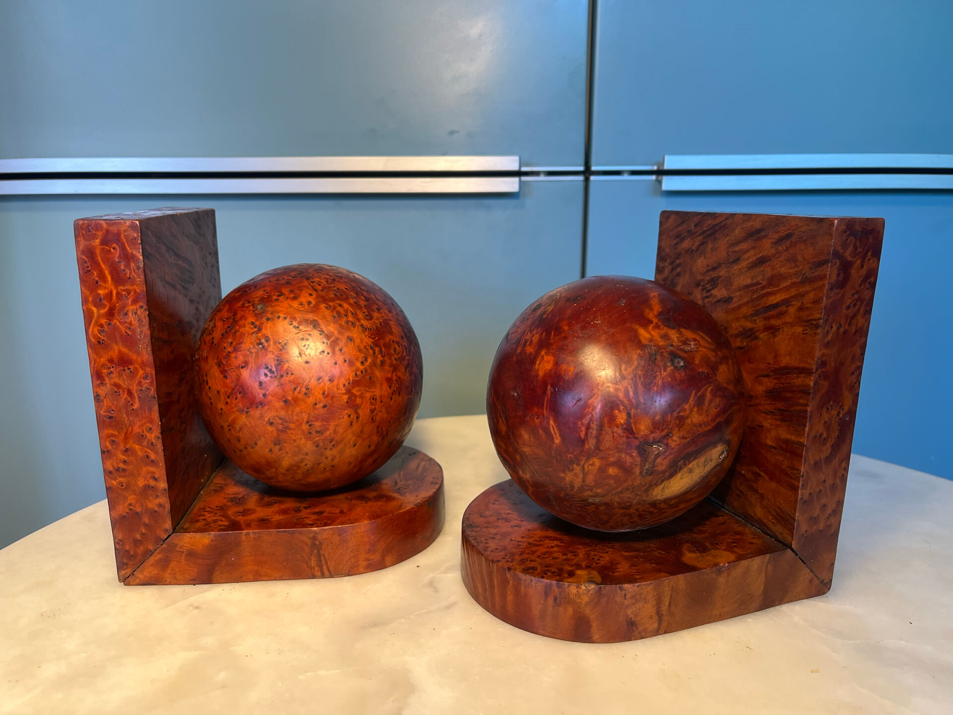 Art Deco pair of bookends in thuya burl.