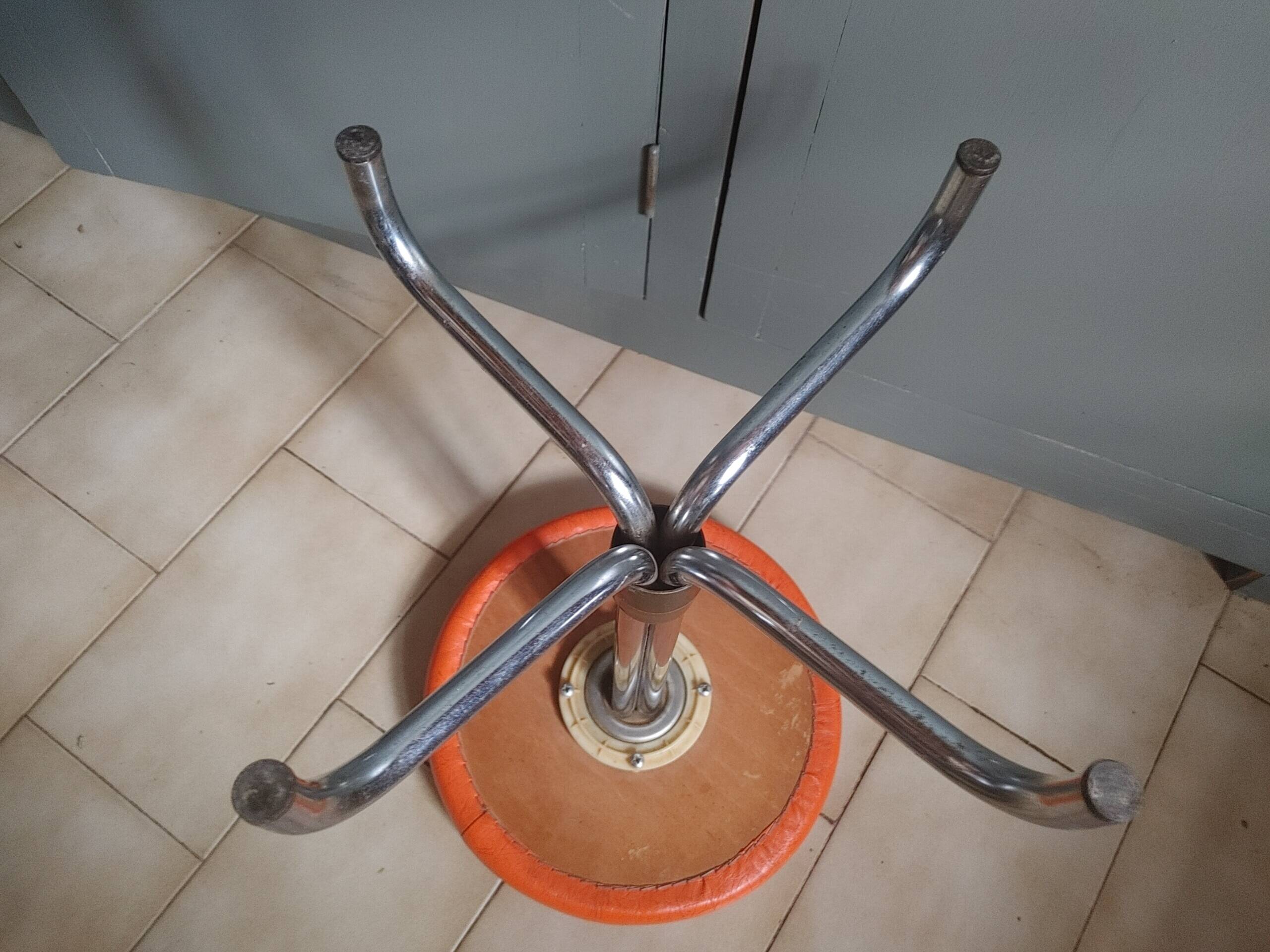 Vintage 70's rotating stool, chrome base, orange imitation leather seat