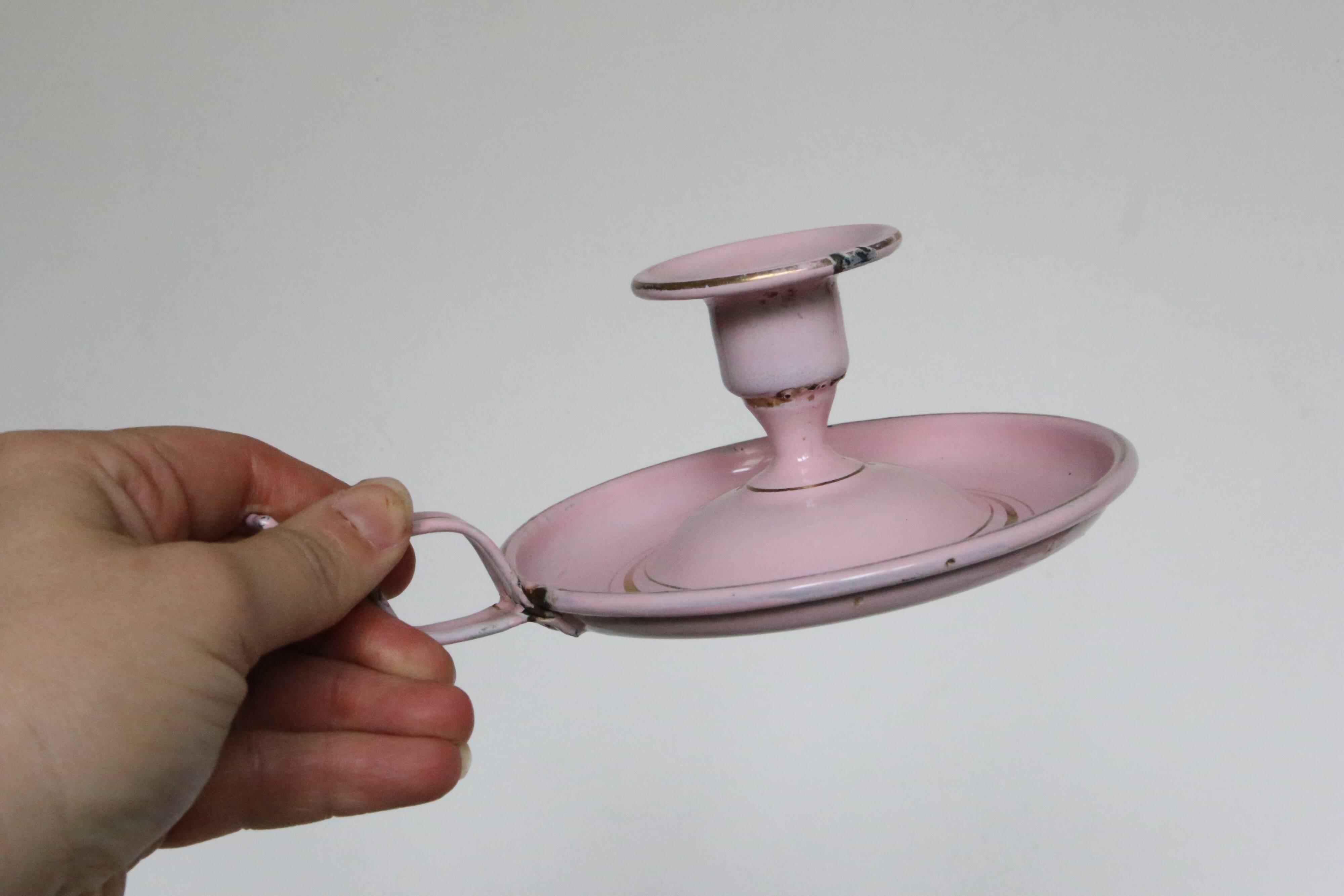 Pink cellar rat candleholder, enamelled metal, vintage