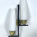 Paire de appliques à double lumière du milieu du siècle en laiton et verre opalin. Italie des années 1950