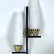 Mid-Century pair of double lights sconces in brass and opaline glass. Italy 1950s