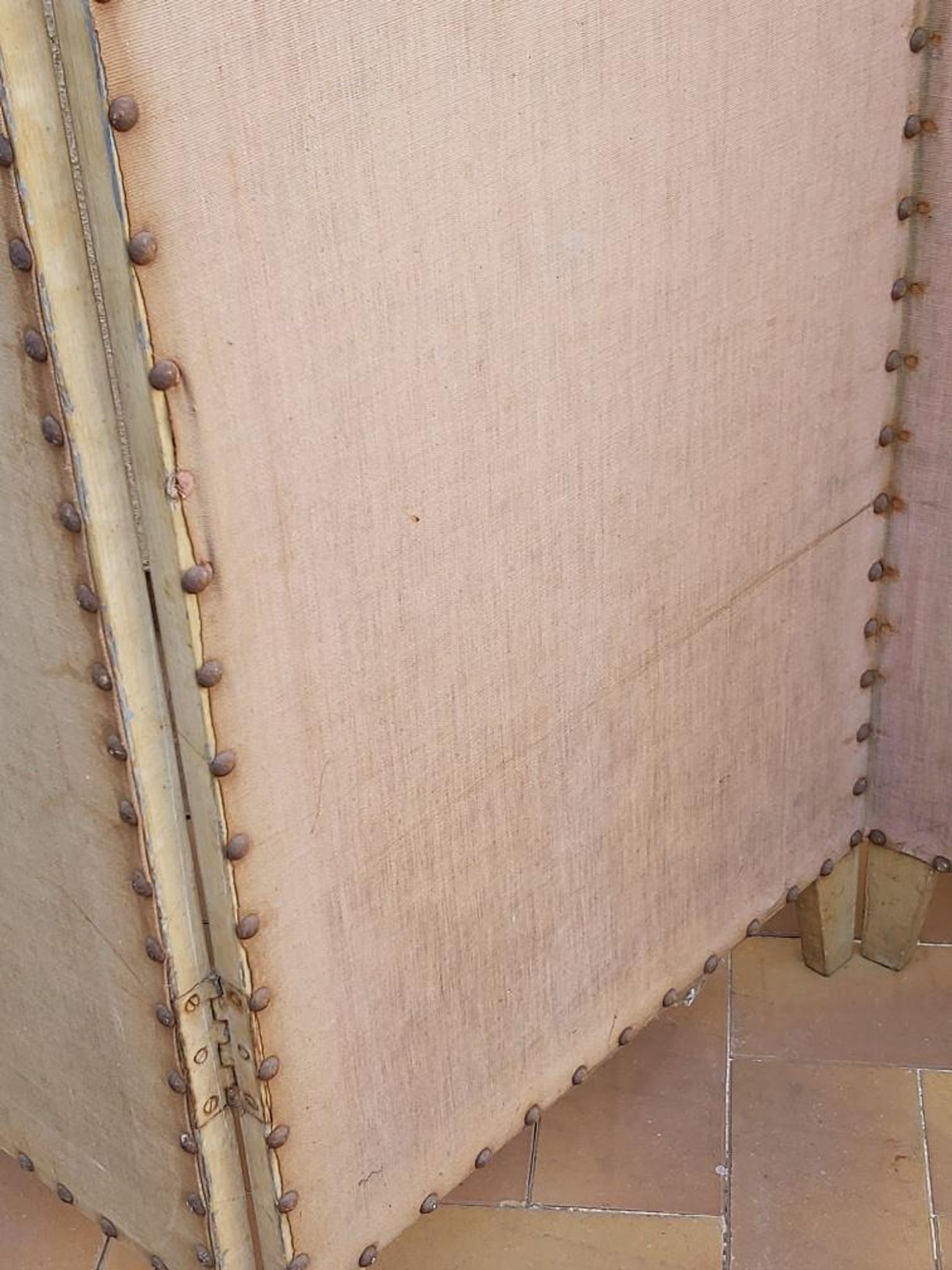 Paravent ancien 4 feuilles bois et tissu