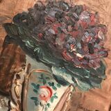 Bouquet of oil violets on framed canvas