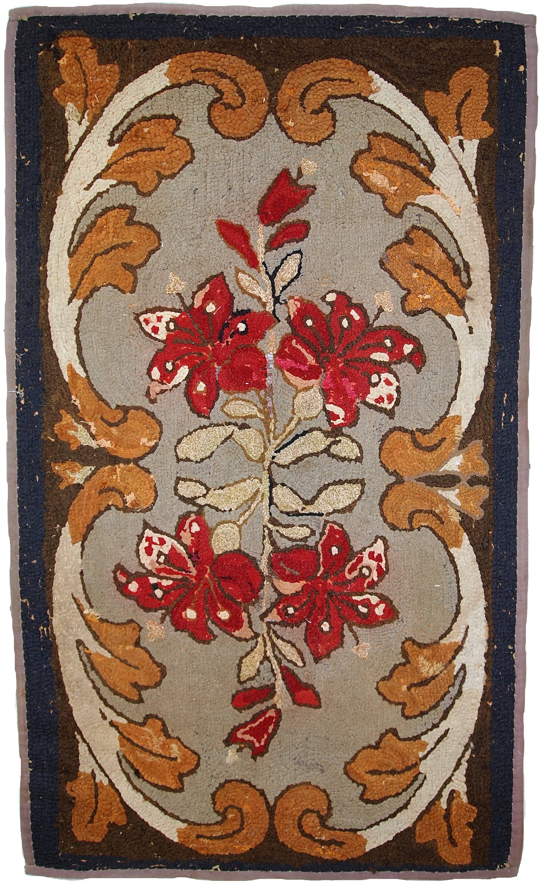 Tapis Hooked Antique Américain, Début XXe Siècle, Motifs Floraux