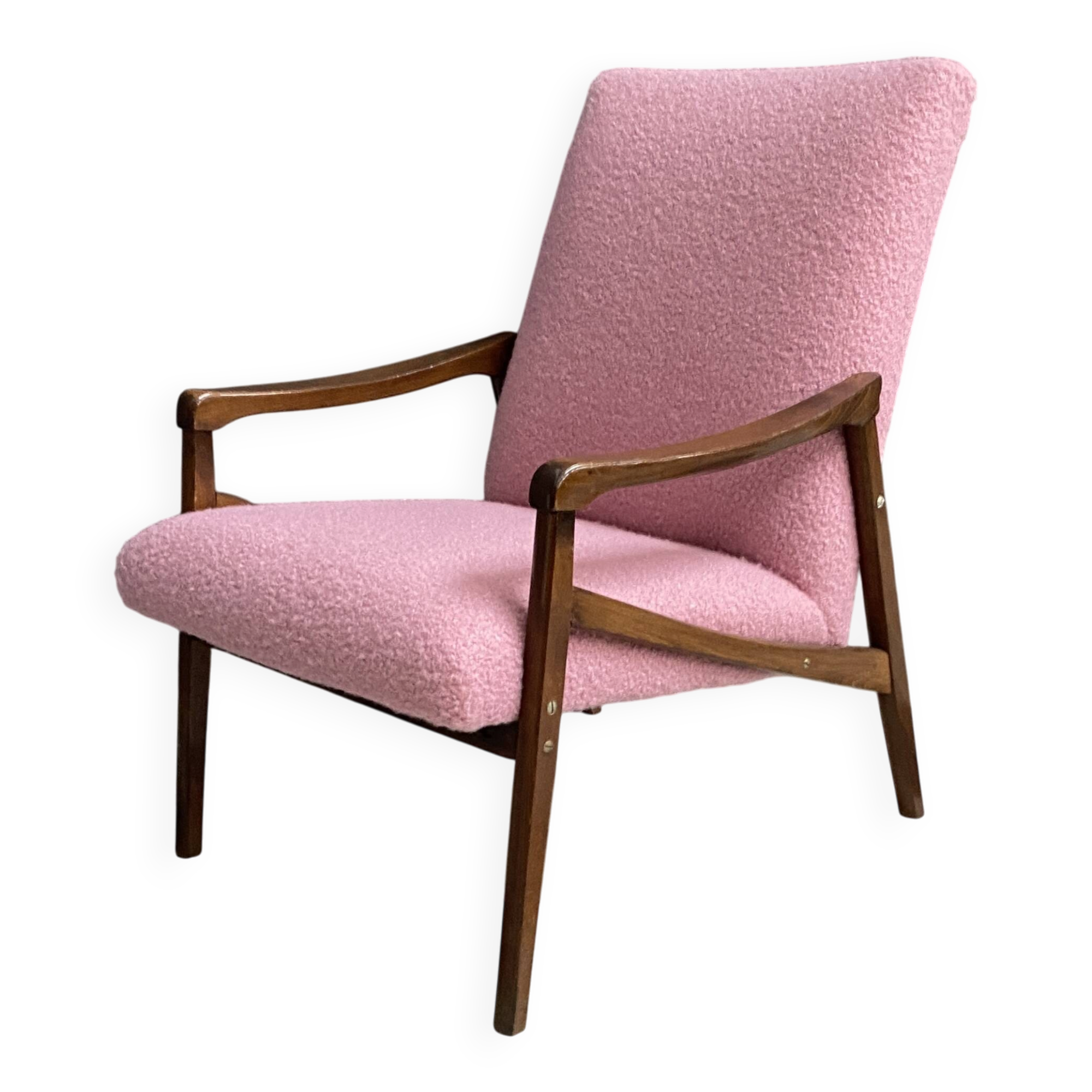 Pink arm chair by Jiri jiroutek 1960s reupholstered in boucle pink