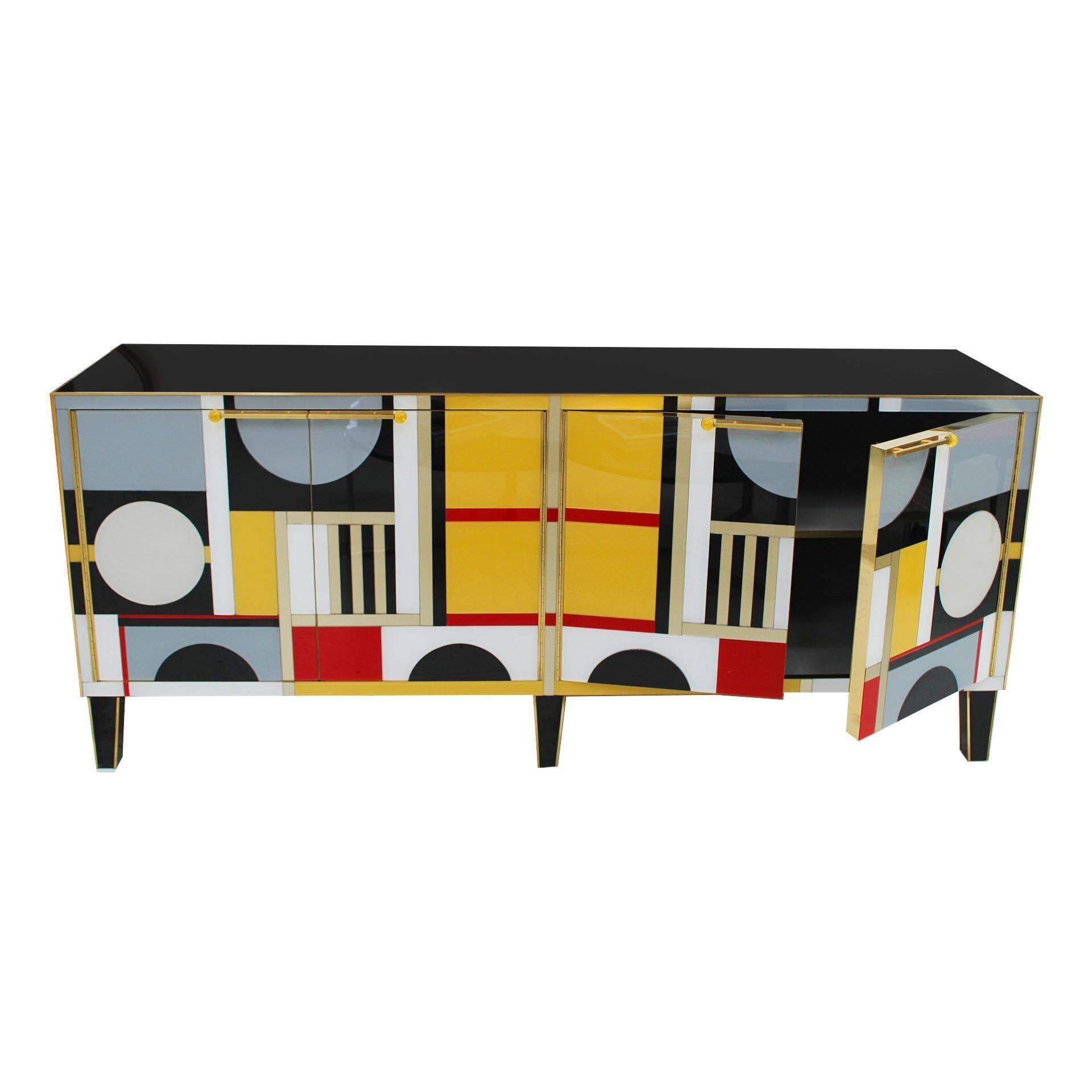 Mid Modern Italian Cabinet with Original 1950s Structure, Murano Glass and Brass