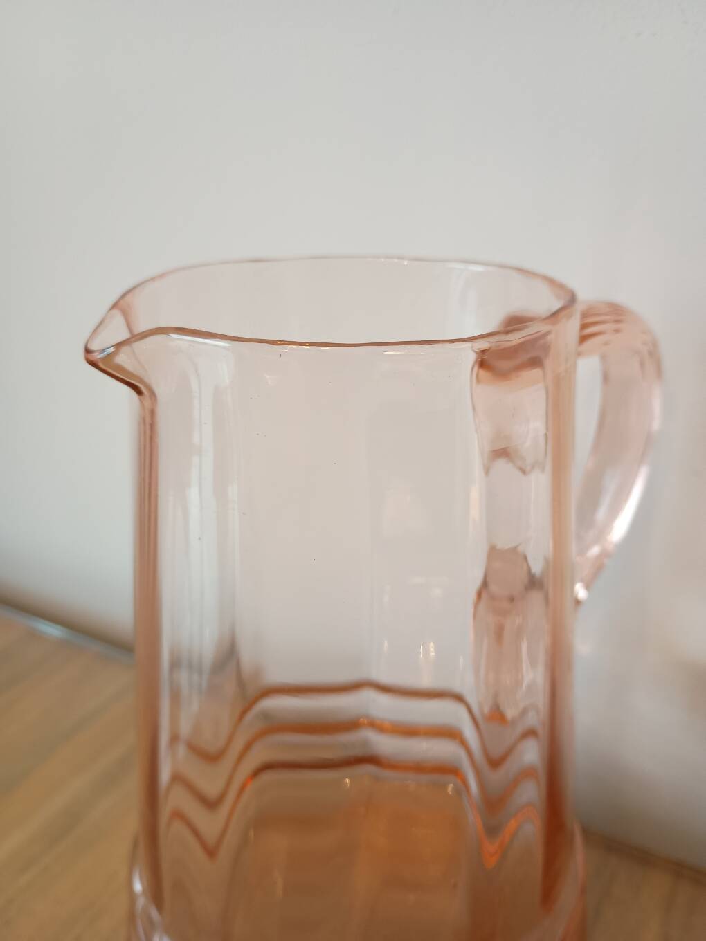 Vintage pink glass water carafe from the 1970s.