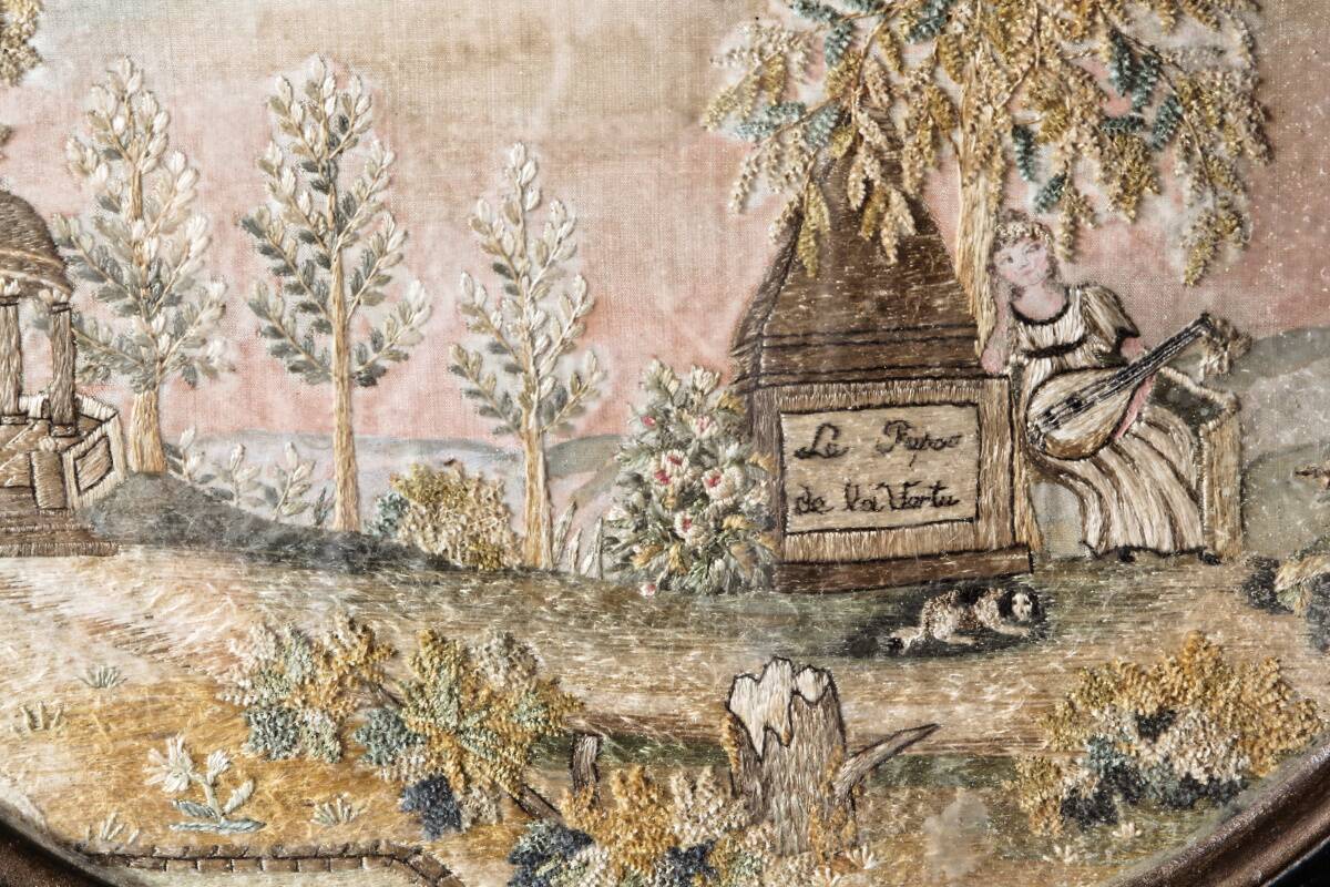 Pair of embroidered silks, needle painting, circa 1800