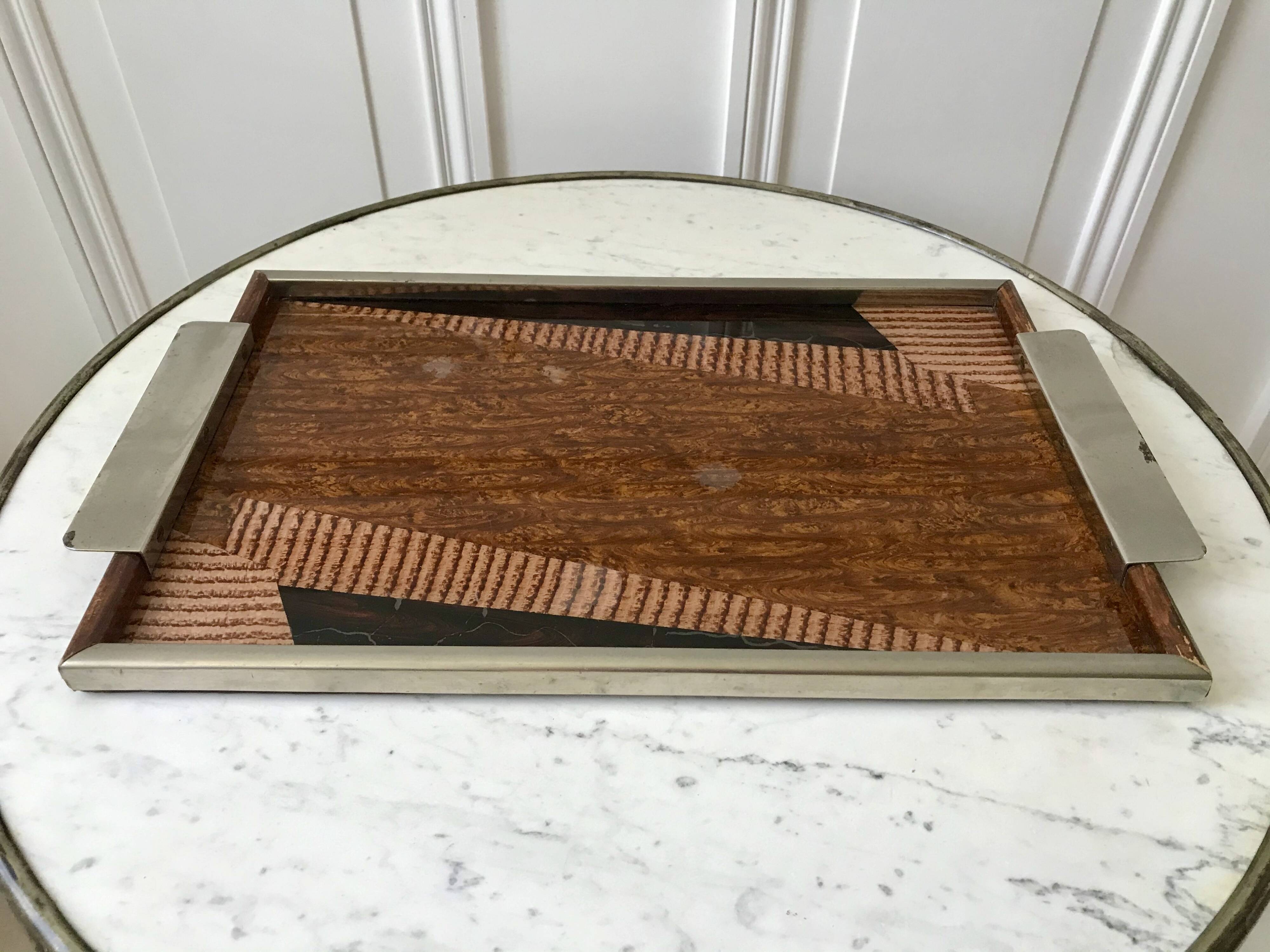 Plateau miroir en chrome, verre, bois et marqueterie années 60-70